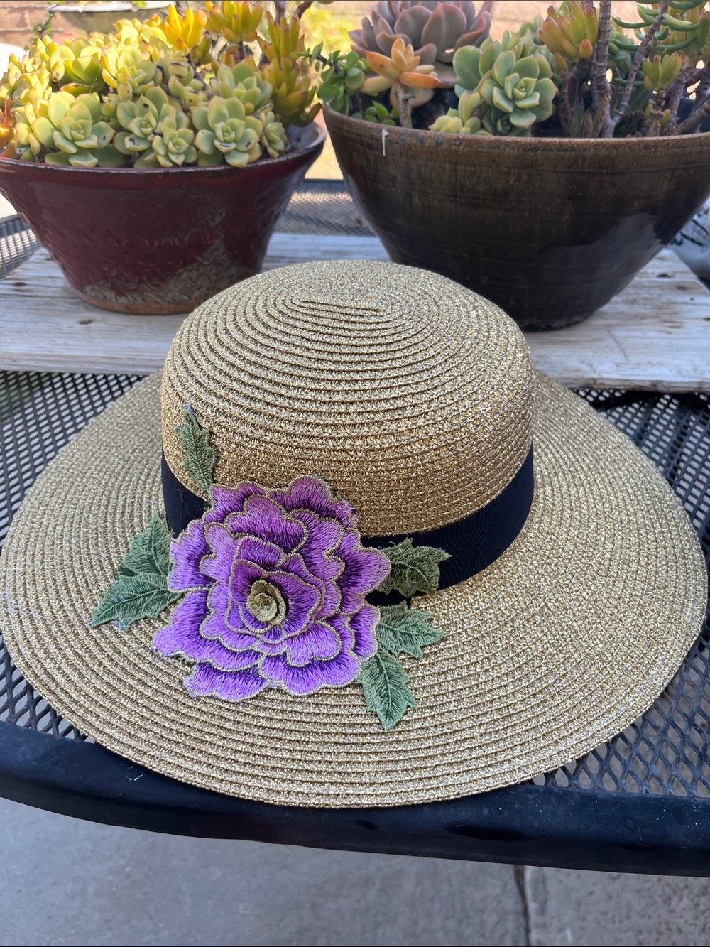 Gold Straw Sun Hat with Black Band and Purple Floral Applique